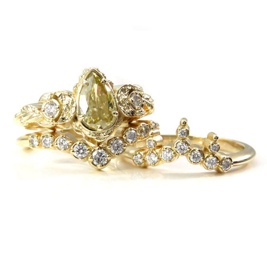 Ready to Ship Size 6 - 8 - Leaf and Moon Engagement Ring Set with Graduated Diamond Chevron and Diamond Crown Wedding Bands - Yellow Moissanite Pear - 14k Yellow Gold