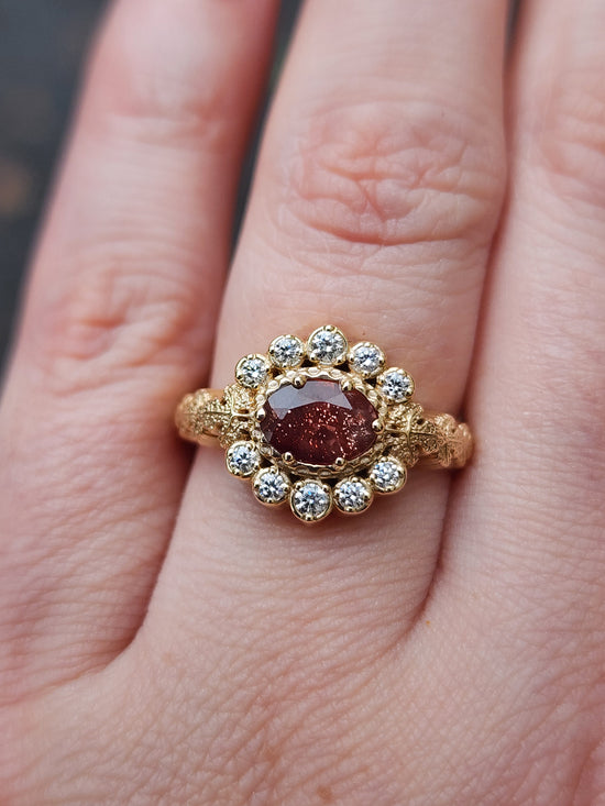 Ready to Ship Size 6 - 8 - POISON PLANT - Oregon Sunstone Oval & Diamond Halo Ring with Poison Leaves