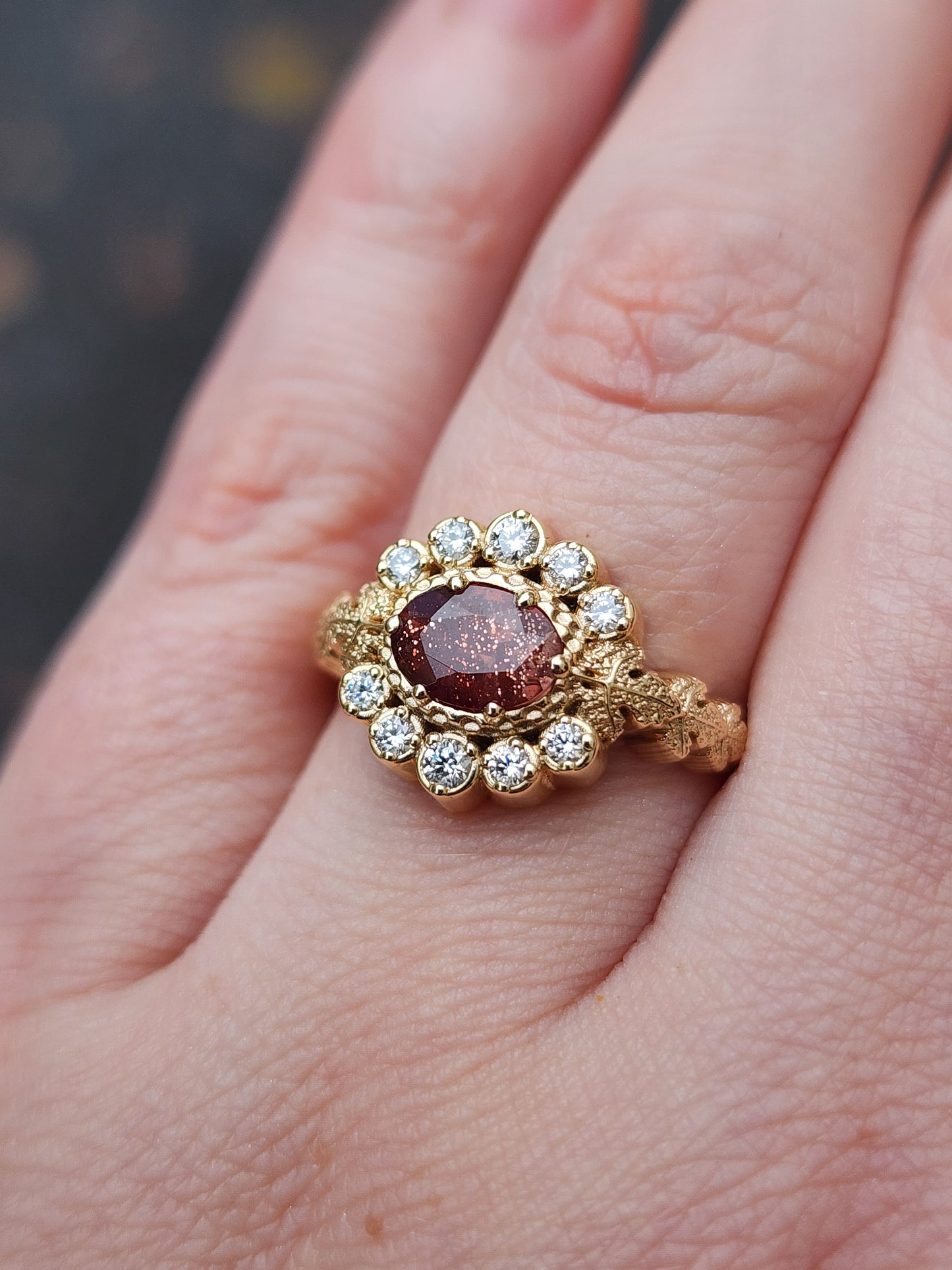 Ready to Ship Size 6 - 8 - POISON PLANT - Oregon Sunstone Oval & Diamond Halo Ring with Poison Leaves