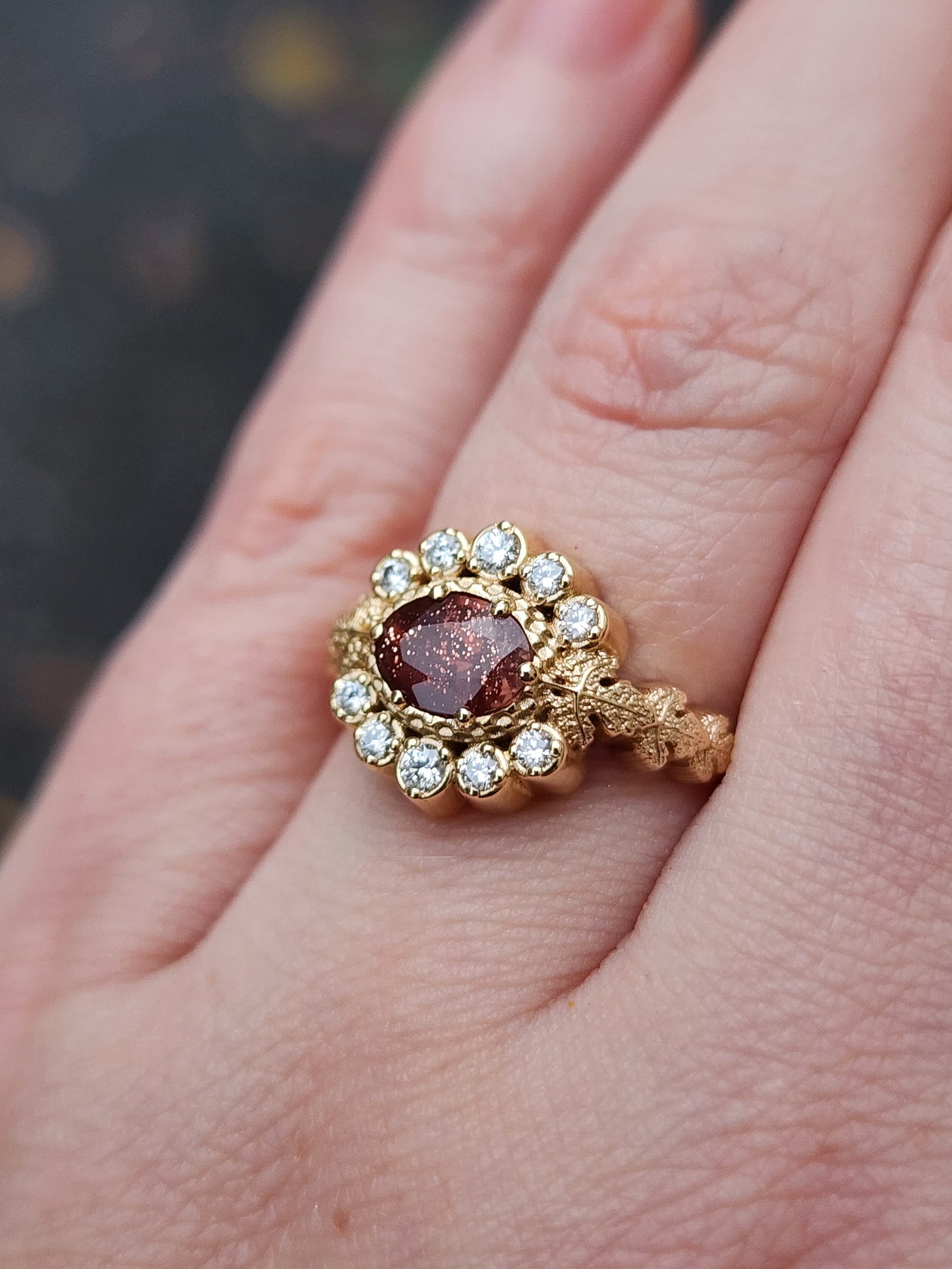 Ready to Ship Size 6 - 8 - POISON PLANT - Oregon Sunstone Oval & Diamond Halo Ring with Poison Leaves