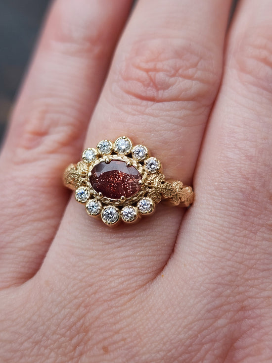 Ready to Ship Size 6 - 8 - POISON PLANT - Oregon Sunstone Oval & Diamond Halo Ring with Poison Leaves