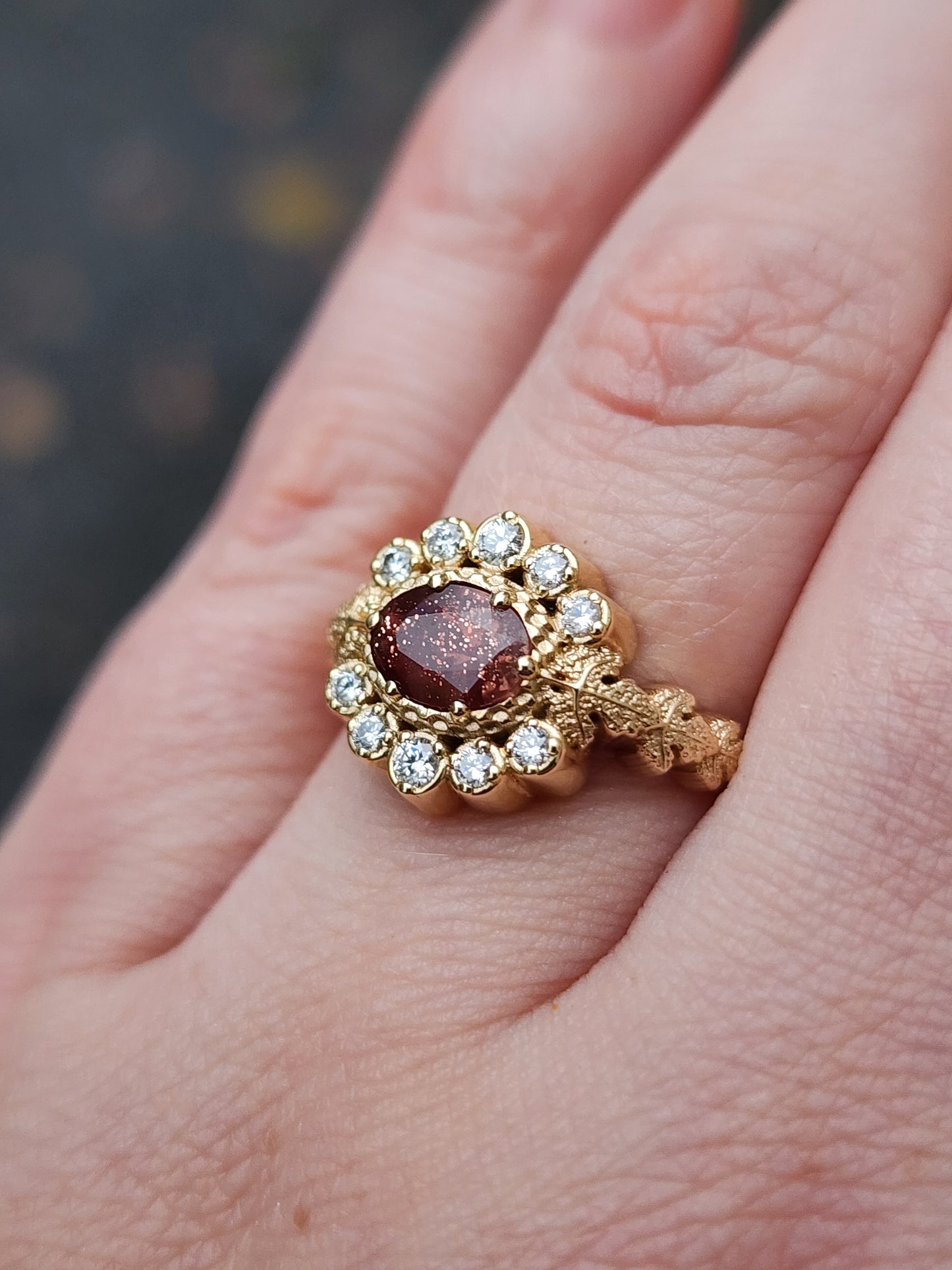 Ready to Ship Size 6 - 8 - POISON PLANT - Oregon Sunstone Oval & Diamond Halo Ring with Poison Leaves