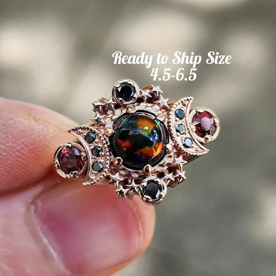 Ready to Ship Size 4.5- 6.5 Black Opal Cosmos Moon Engagement Ring, Imperial Garnets Black Diamonds, 14k Rose Gold Gothic Wedding Jewelry