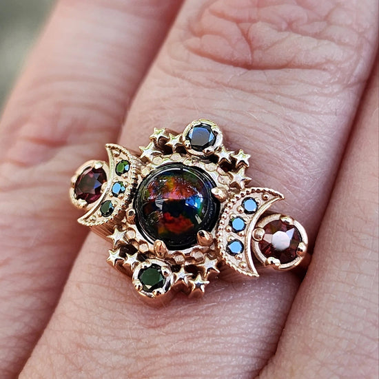 Ready to Ship Size 4.5- 6.5 Black Opal Cosmos Moon Engagement Ring, Imperial Garnets Black Diamonds, 14k Rose Gold Gothic Wedding Jewelry