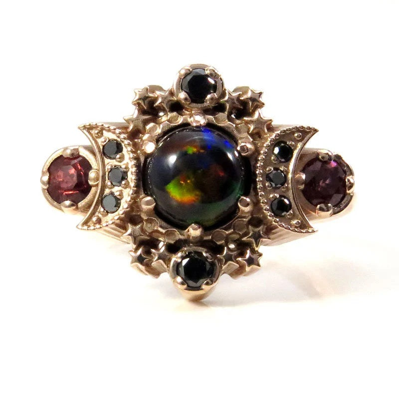 Ready to Ship Size 4.5- 6.5 Black Opal Cosmos Moon Engagement Ring, Imperial Garnets Black Diamonds, 14k Rose Gold Gothic Wedding Jewelry