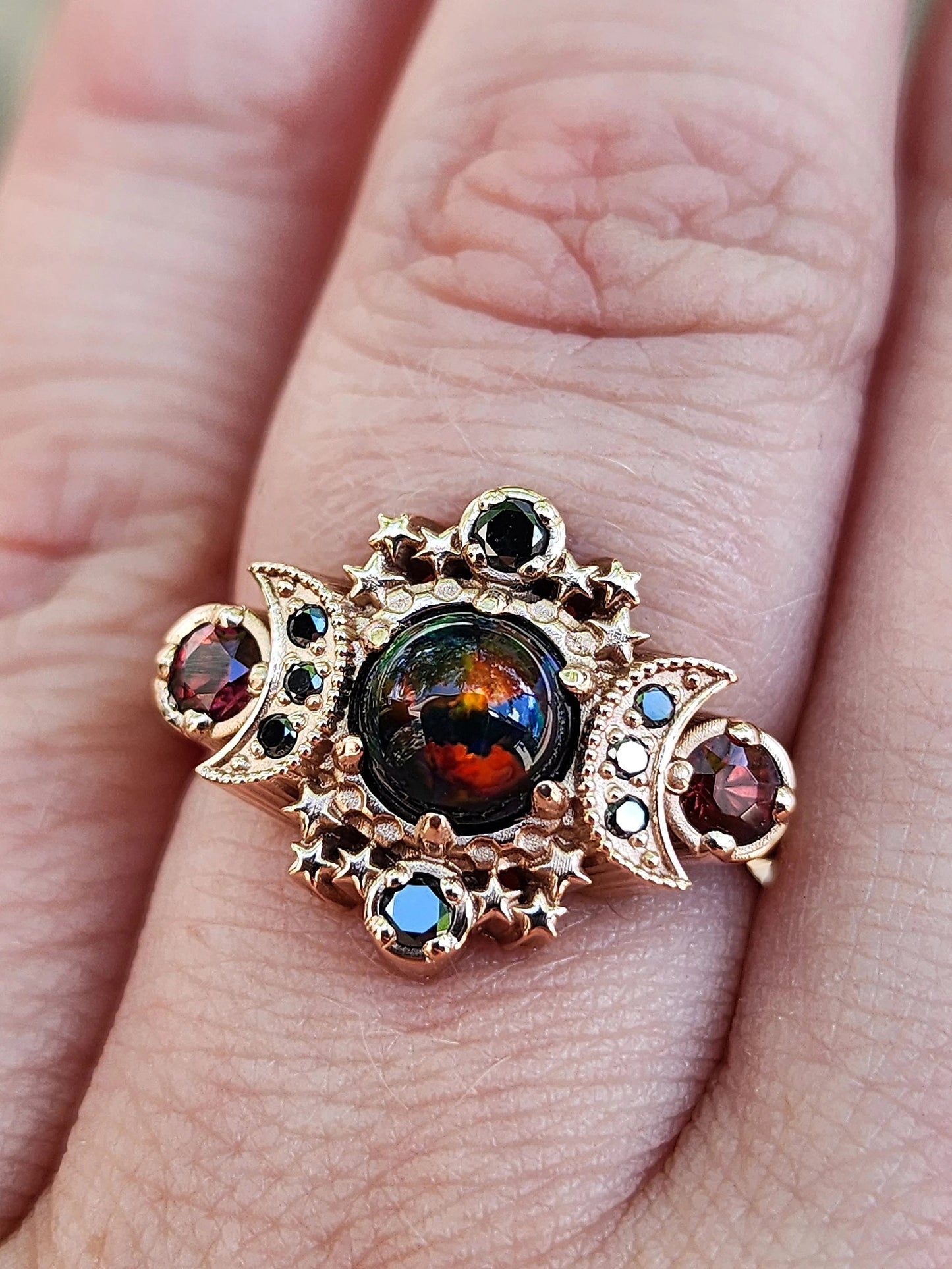 Ready to Ship Size 4.5- 6.5 Black Opal Cosmos Moon Engagement Ring, Imperial Garnets Black Diamonds, 14k Rose Gold Gothic Wedding Jewelry