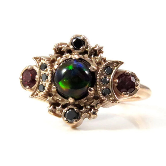 Ready to Ship Size 4.5- 6.5 Black Opal Cosmos Moon Engagement Ring, Imperial Garnets Black Diamonds, 14k Rose Gold Gothic Wedding Jewelry