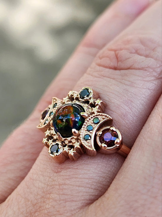 Ready to Ship Size 4.5- 6.5 Black Opal Cosmos Moon Engagement Ring, Imperial Garnets Black Diamonds, 14k Rose Gold Gothic Wedding Jewelry