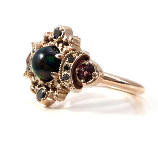 Ready to Ship Size 4.5- 6.5 Black Opal Cosmos Moon Engagement Ring, Imperial Garnets Black Diamonds, 14k Rose Gold Gothic Wedding Jewelry