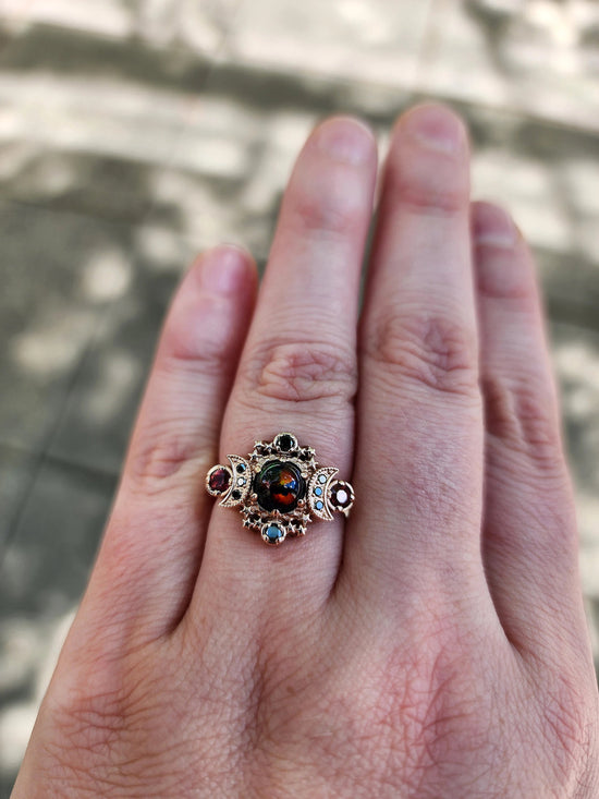 Ready to Ship Size 4.5- 6.5 Black Opal Cosmos Moon Engagement Ring, Imperial Garnets Black Diamonds, 14k Rose Gold Gothic Wedding Jewelry