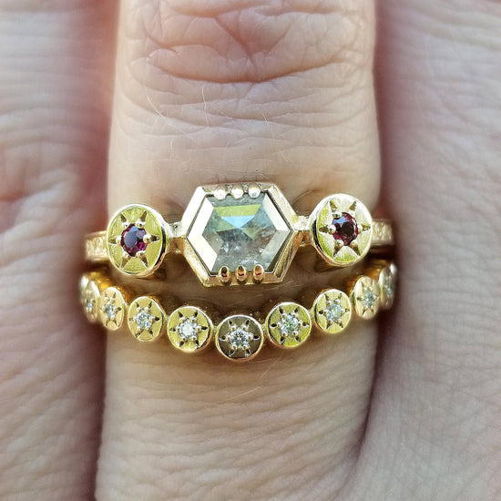 Ready to Ship Size 6 - 8 - Etruscan Inspired Engagement Ring Set with Hexagon Rose Cut Diamond and Rubies with Curved Sun Disk Wedding Band