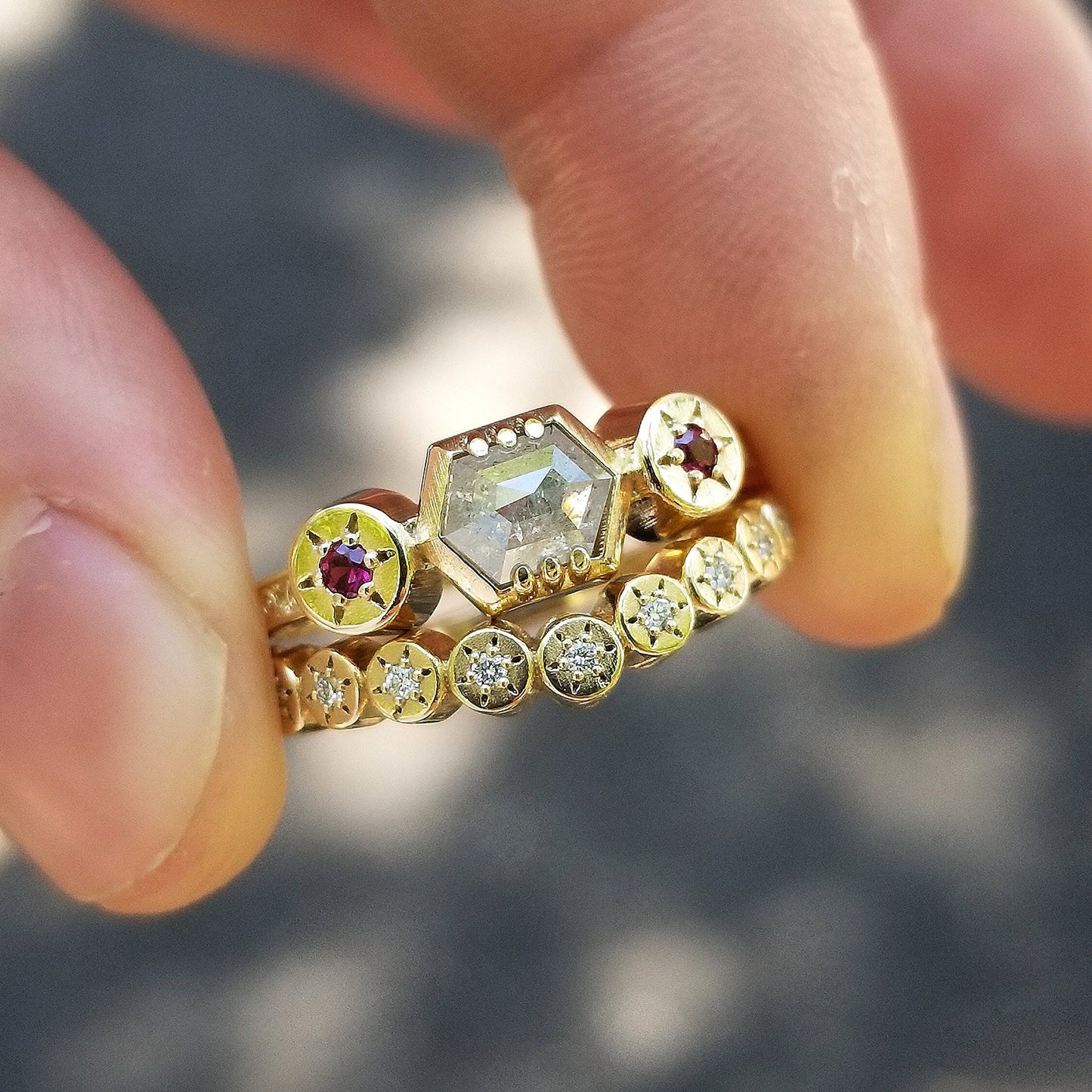 Ready to Ship Size 6 - 8 - Etruscan Inspired Engagement Ring Set with Hexagon Rose Cut Diamond and Rubies with Curved Sun Disk Wedding Band