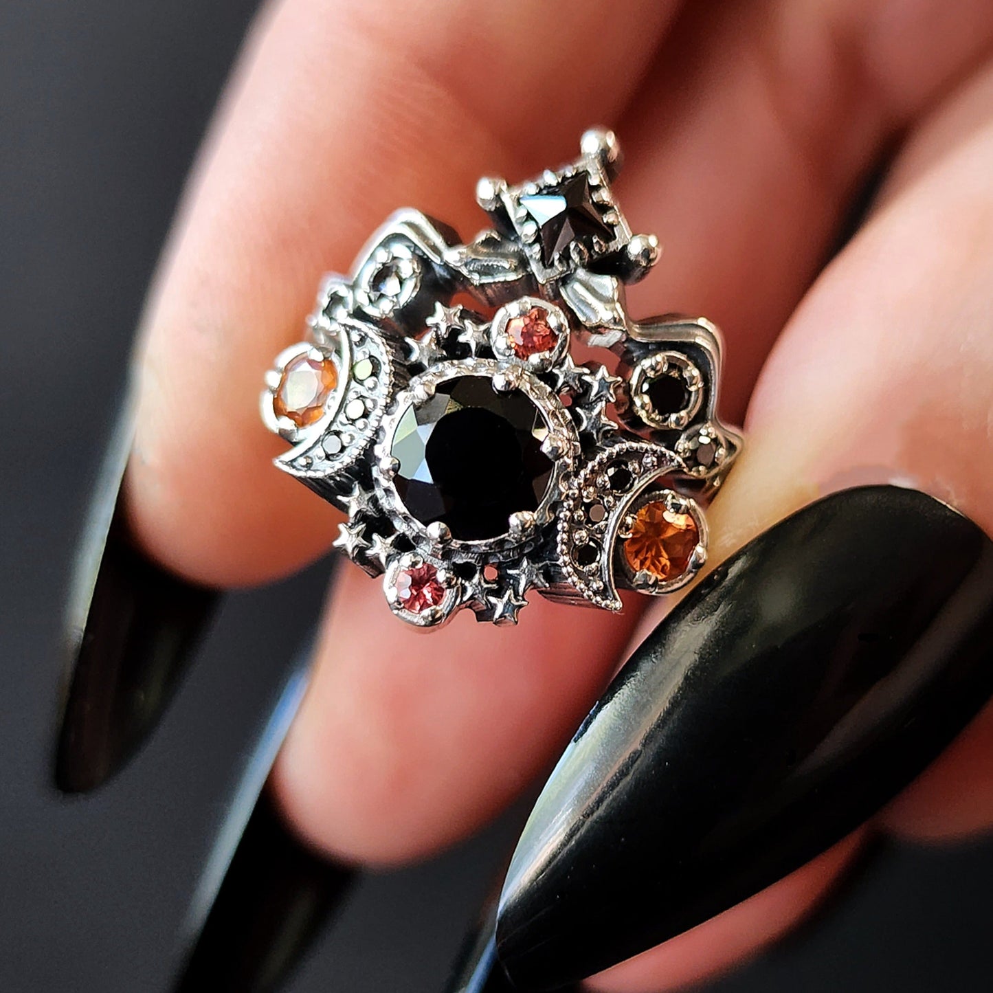 Ready to Ship Size 6-9 Black Spinel & Orange Sapphire Moon and