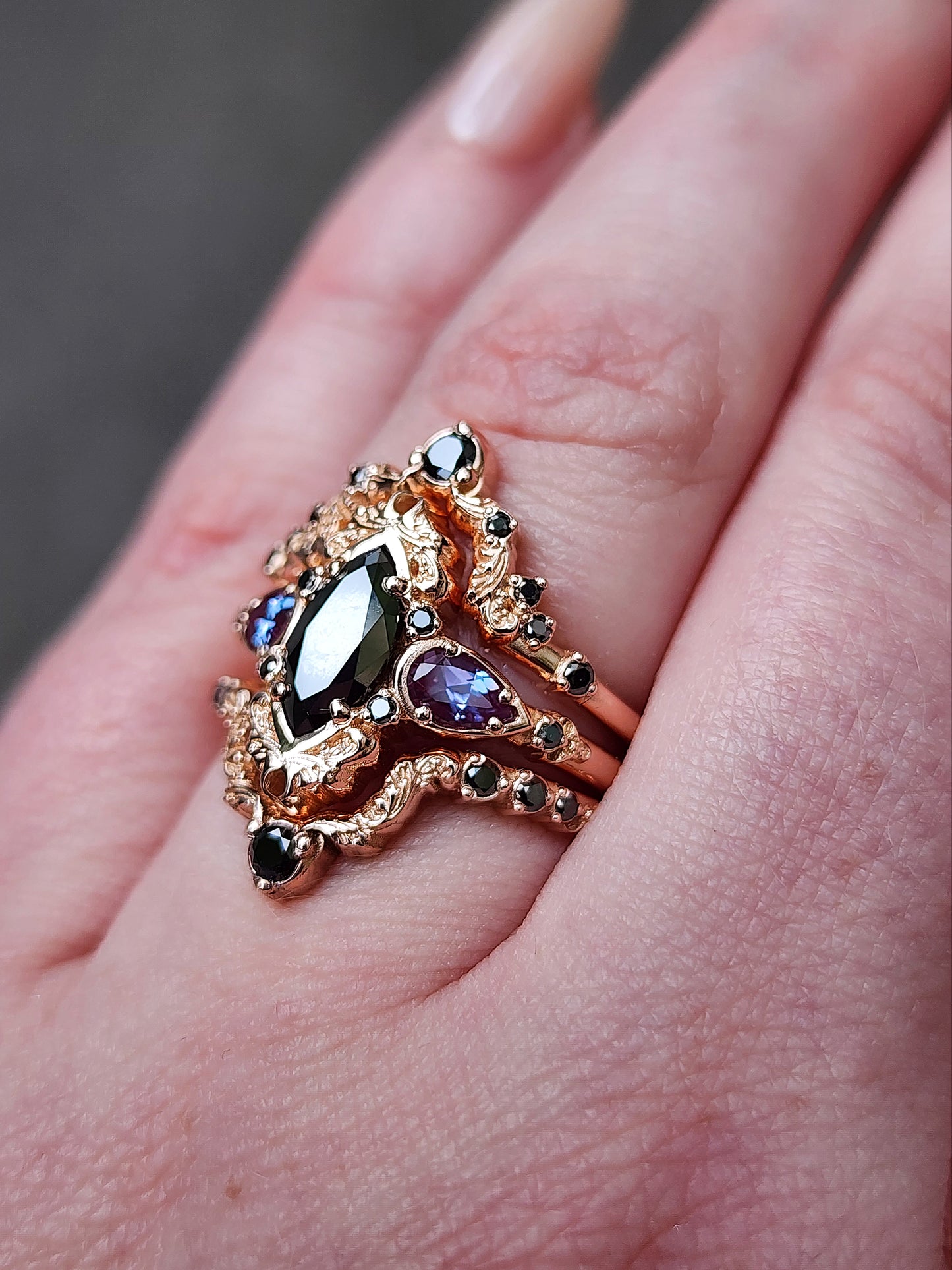 Ready to Ship Size 6-8 Odile Black Diamond Marquise Engagement Ring 3 Piece Set with Pear Side Stones and Gold Scrolls - Gothic Fairytale Dark Romance 14k Rose Gold Handmade Ring