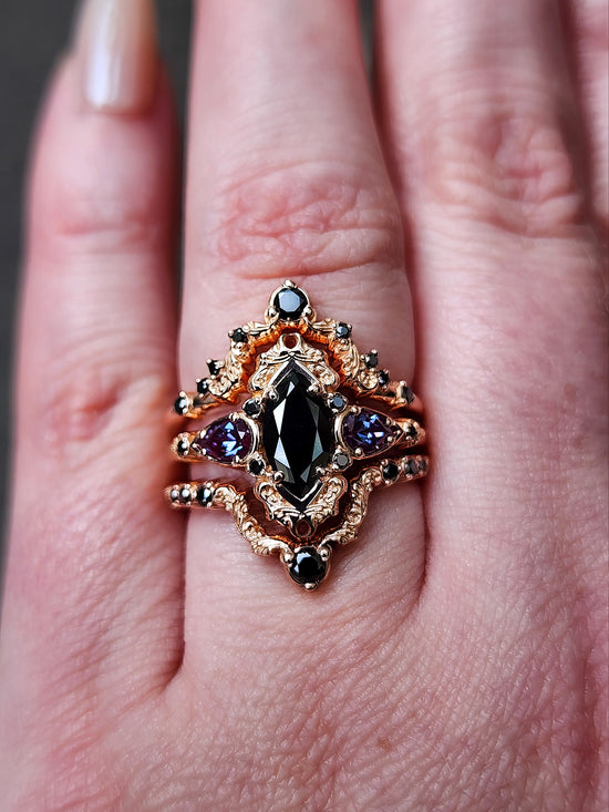 Odile Black Diamond Marquise Engagement Ring 3 Piece Set with Pear Side Stones and Gold Scrolls - Gothic Fairytale Dark Romance 14k Rose Gold Handmade Ring