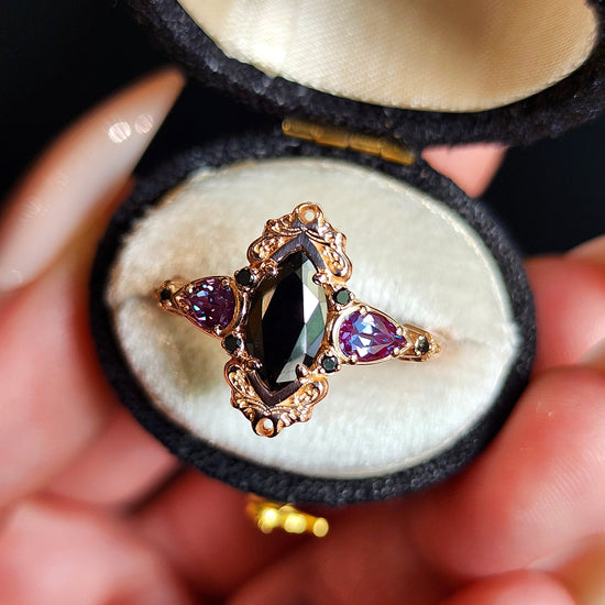 Odile black diamond marquise dark unique ethereal gothic romance engagement ring 14k gold fancy jewelry fairytale 
