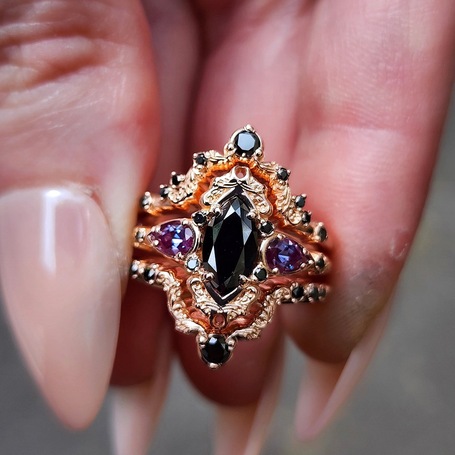Odile black diamond marquise fairytale folklore ballerina engagement 14k gold filigree delicate baroque scrolls ring set