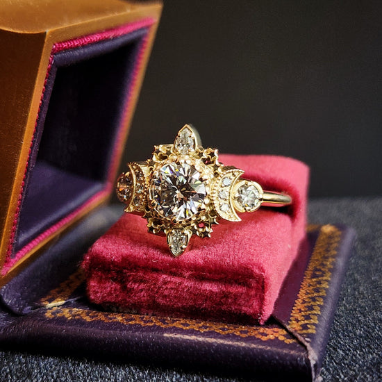 Sparkling Cosmos celestial engagement ring lab diamond 14k gold moon stars fantasy jewelry