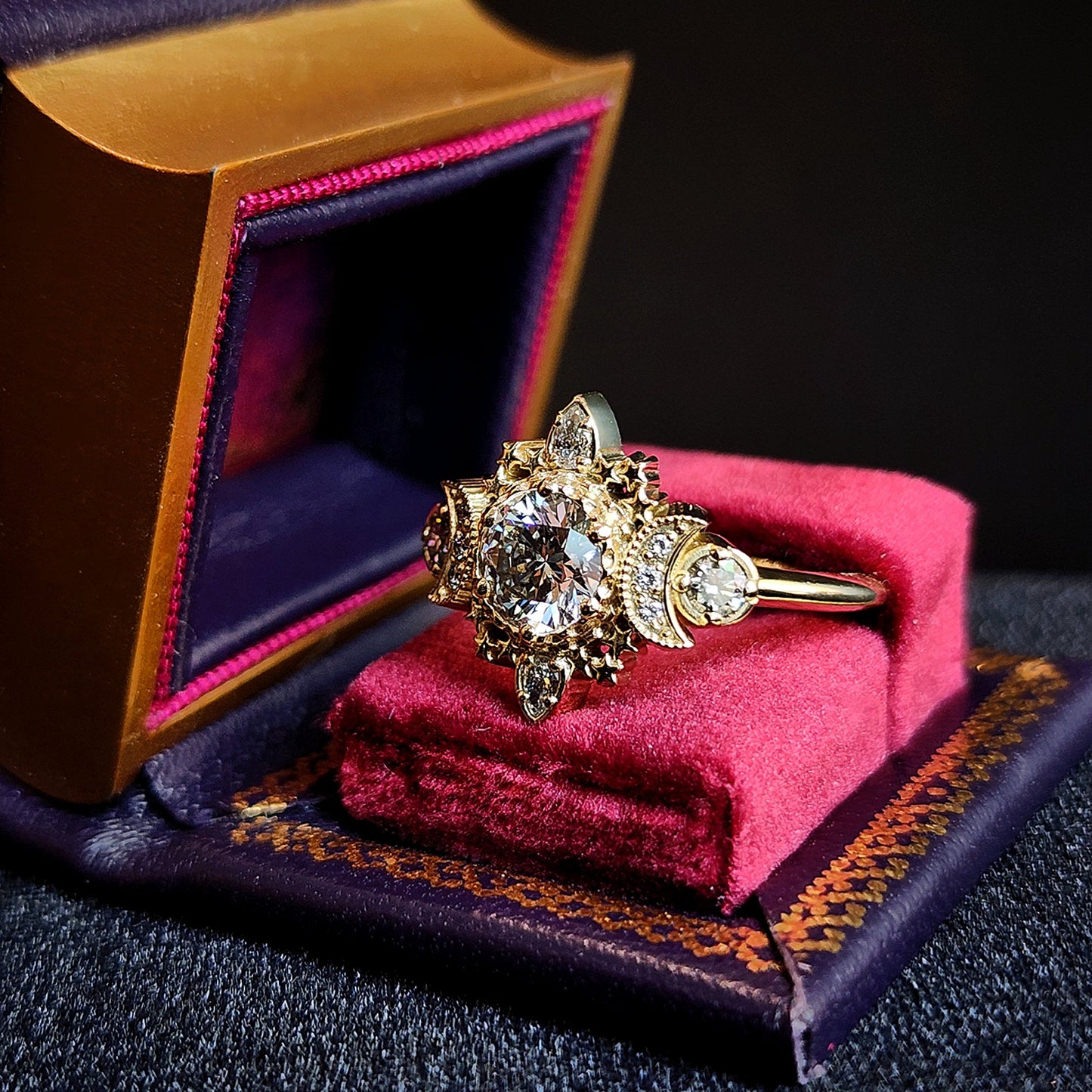 Sparkling Cosmos celestial engagement ring lab diamond 14k gold moon stars fantasy jewelry