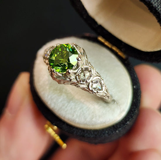 Green Diamond Bramble Engagement Ring with Rose Cut Oval & Pear Diamonds and Forest Chevron Wedding Band - Nature Inspired Fine Jewelry
