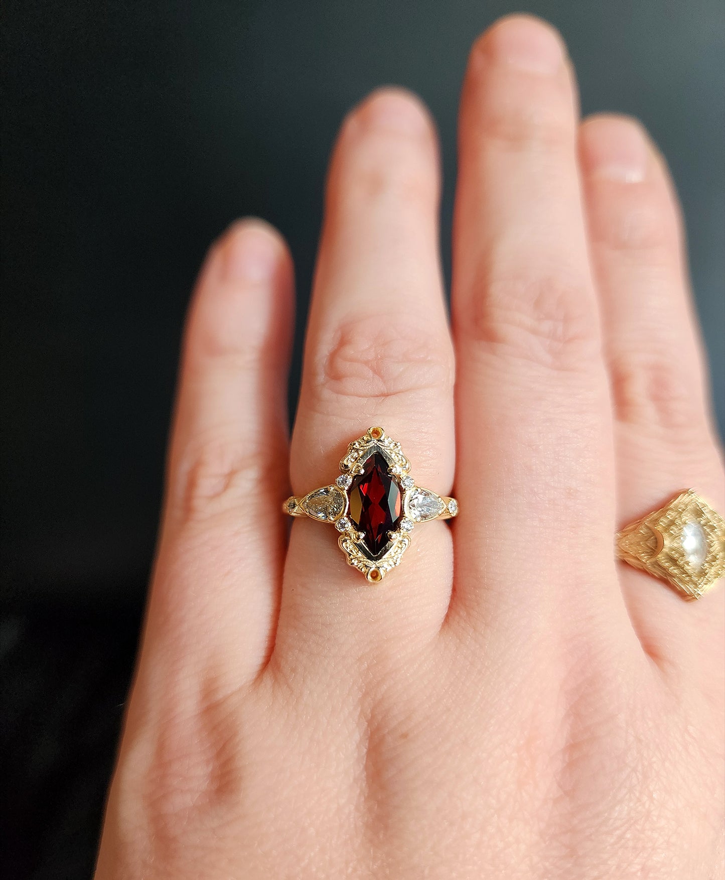 Red Garnet Odette antique styled engagement ring gold details gothic wedding ceremonial jewelry 