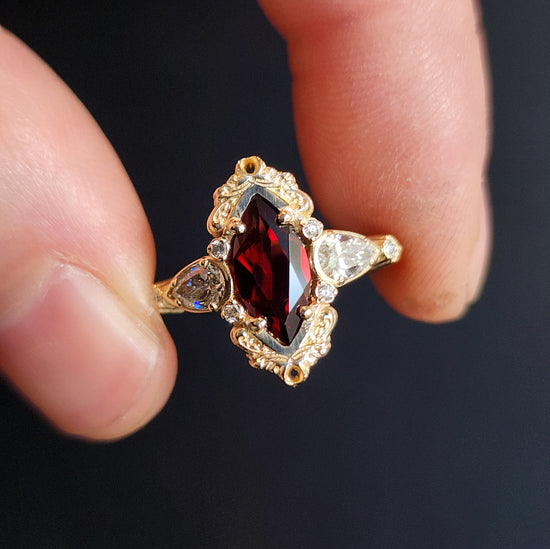 Red Garnet Odette antique styled engagement ring gold details gothic wedding ceremonial jewelry 