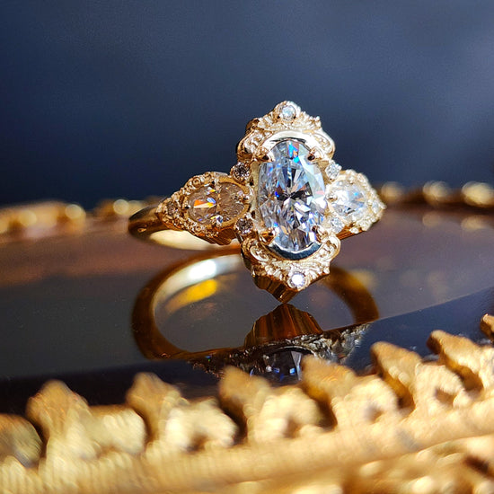 Josephine engagement ring 14k gold oval diamond moissanite lab diamond filigree fantasy ethereal fine jewelry 