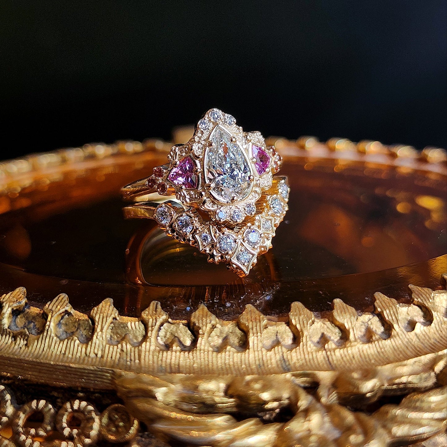 Ophelia engagement ring with pear lab diamond and pink and orange sapphires filigree custom wedding rings