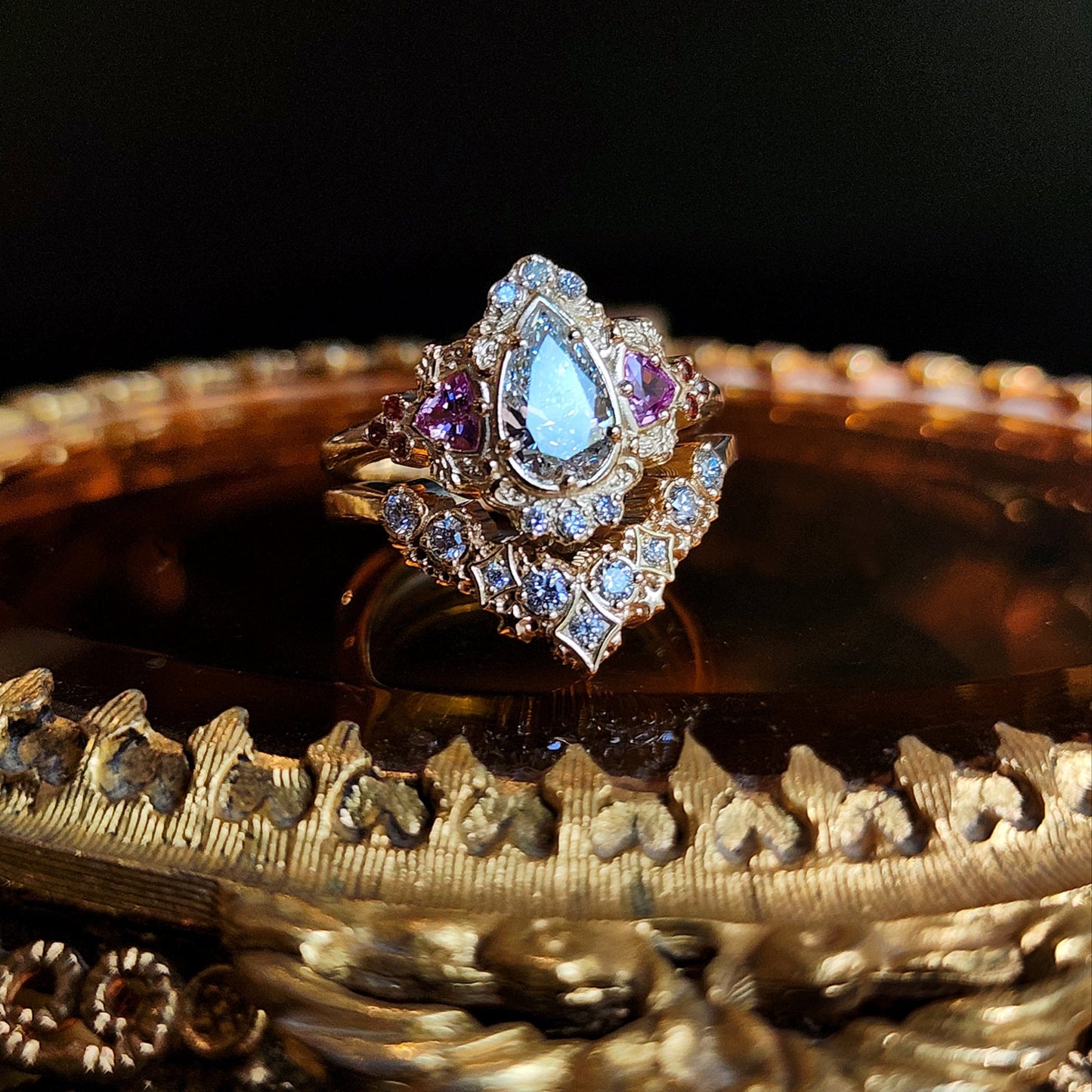 Ophelia engagement ring with pear lab diamond and pink and orange sapphires filigree custom wedding rings