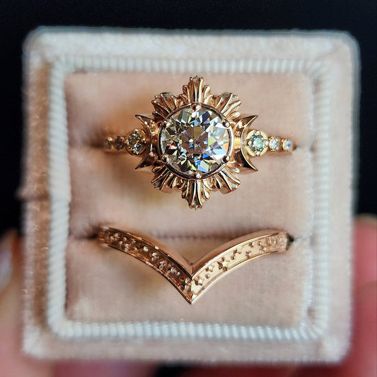 old european cut moissanite triple  moon gothic engagement ring 14k rose gold artisan jewelry handcrafted in america