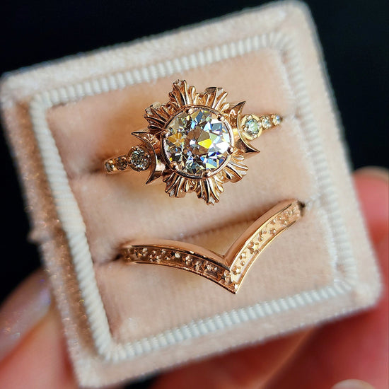 old european cut moissanite triple  moon gothic engagement ring 14k rose gold artisan jewelry handcrafted in america