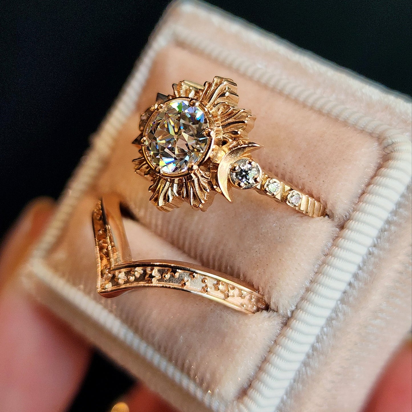 old european cut moissanite triple  moon gothic engagement ring 14k rose gold artisan jewelry handcrafted in america