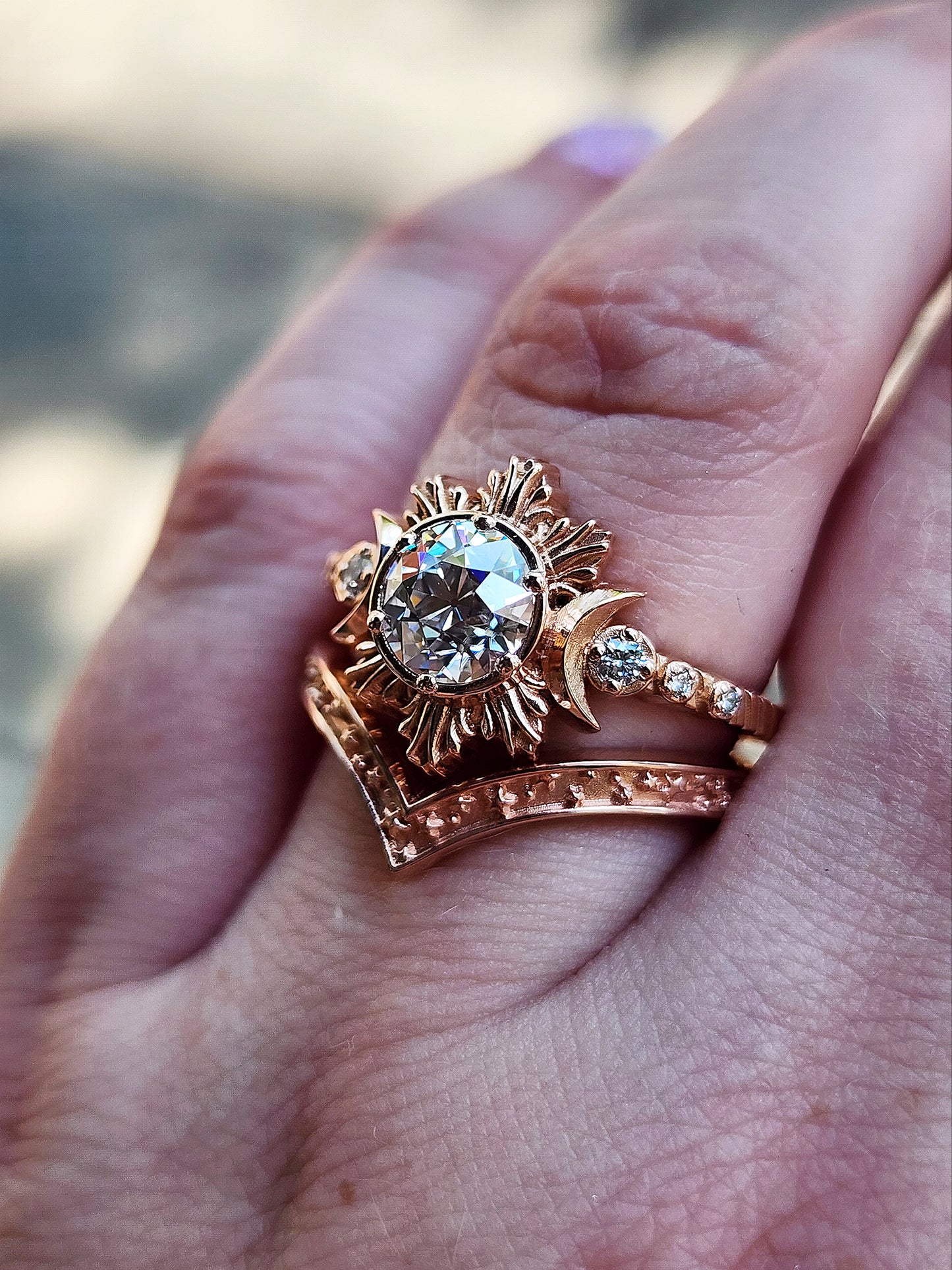 Ready to Ship Size 5.5-7.5 1.14ct Old European Cut Moissanite Celestial Moon Fire Engagement Ring Set Stardust Chevron Wedding Band 14k Rose Gold