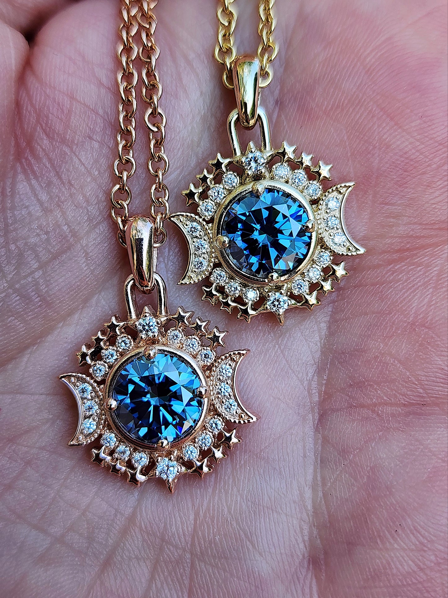 Ready to Ship Blue Moon Pendants with Blue Moissanite and Natural Diamonds - 14k Yellow Gold or 14k Rose Gold