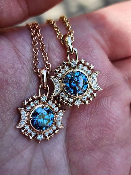 Ready to Ship Blue Moon Pendants with Blue Moissanite and Natural Diamonds - 14k Yellow Gold or 14k Rose Gold