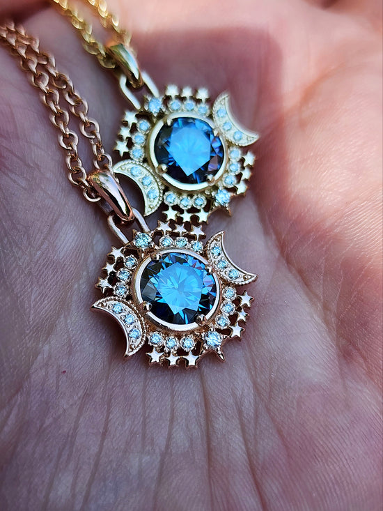 Ready to Ship Blue Moon Pendants with Blue Moissanite and Natural Diamonds - 14k Yellow Gold or 14k Rose Gold