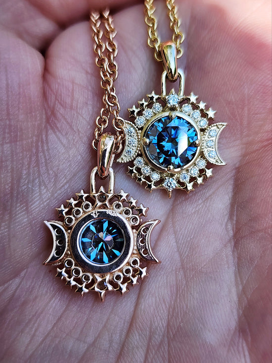 Ready to Ship Blue Moon Pendants with Blue Moissanite and Natural Diamonds - 14k Yellow Gold or 14k Rose Gold