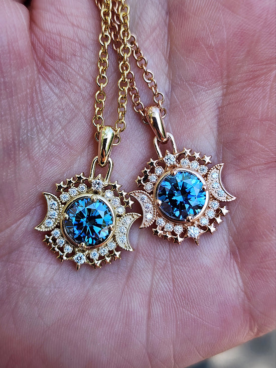 Ready to Ship Blue Moon Pendants with Blue Moissanite and Natural Diamonds - 14k Yellow Gold or 14k Rose Gold