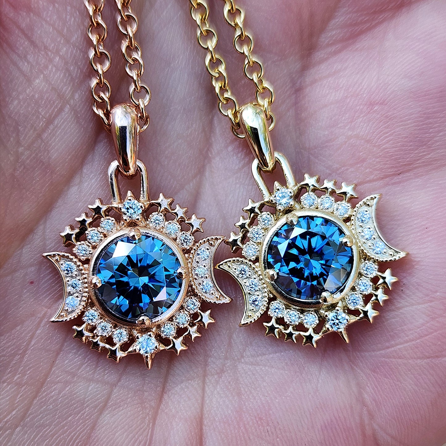 Ready to Ship Blue Moon Pendants with Blue Moissanite and Natural Diamonds - 14k Yellow Gold or 14k Rose Gold