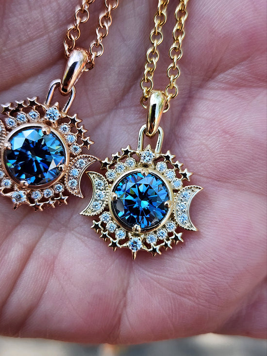 Ready to Ship Blue Moon Pendants with Blue Moissanite and Natural Diamonds - 14k Yellow Gold or 14k Rose Gold