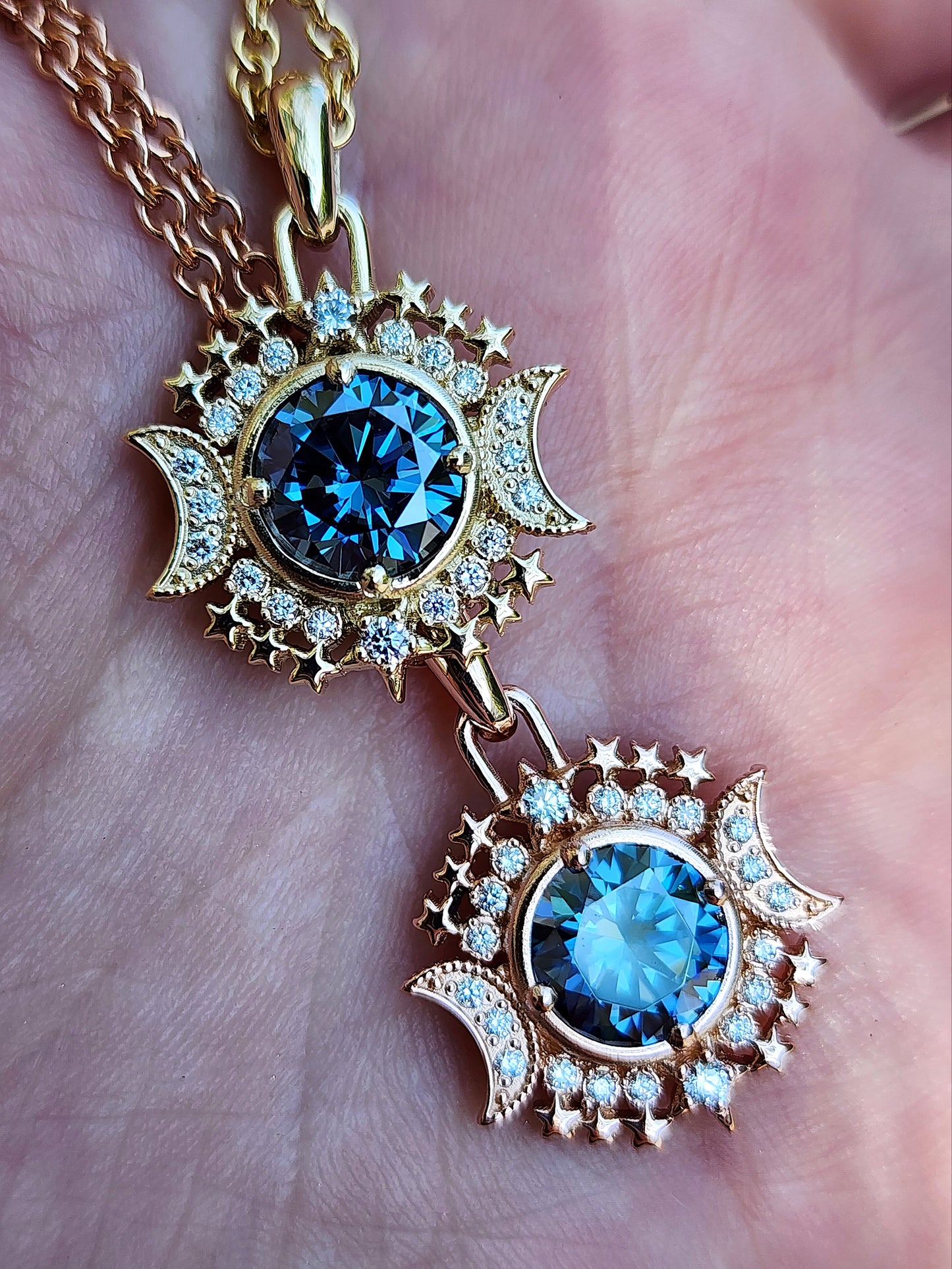 Ready to Ship Blue Moon Pendants with Blue Moissanite and Natural Diamonds - 14k Yellow Gold or 14k Rose Gold