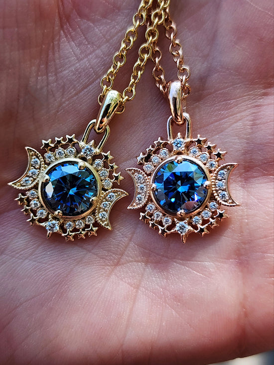 Ready to Ship Blue Moon Pendants with Blue Moissanite and Natural Diamonds - 14k Yellow Gold or 14k Rose Gold