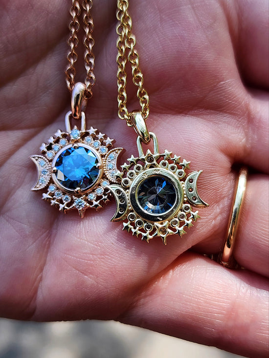 Ready to Ship Blue Moon Pendants with Blue Moissanite and Natural Diamonds - 14k Yellow Gold or 14k Rose Gold