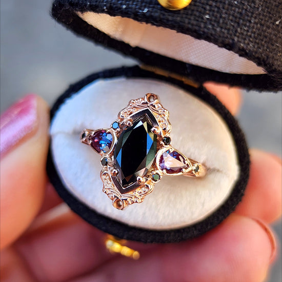 Ready to Ship Size 4-6 Odile Black Diamond Marquise Engagement Ring with Chatham Alexandrite Pear Side Stones and Gold Scrollwork - Gothic Fantasy Filigree 14k Rose Gold Handmade Ring