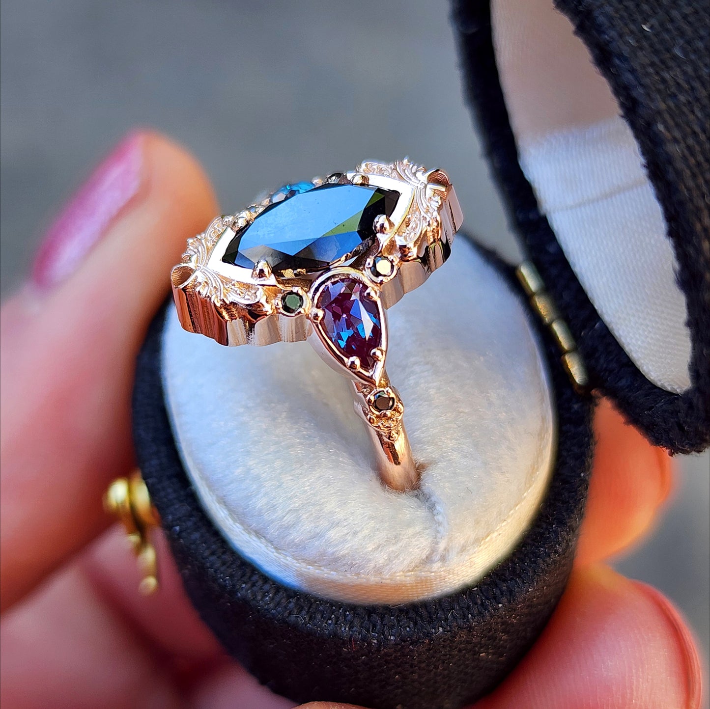 Ready to Ship Size 4-6 Odile Black Diamond Marquise Engagement Ring with Chatham Alexandrite Pear Side Stones and Gold Scrollwork - Gothic Fantasy Filigree 14k Rose Gold Handmade Ring