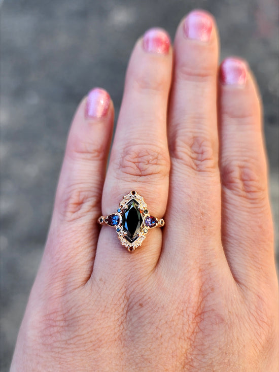 Ready to Ship Size 4-6 Odile Black Diamond Marquise Engagement Ring with Chatham Alexandrite Pear Side Stones and Gold Scrollwork - Gothic Fantasy Filigree 14k Rose Gold Handmade Ring