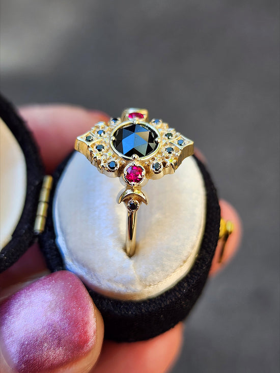 Ready to Ship Size 6-8 Rose Cut Black Diamond Galaxie Lunar Engagement Ring with Chatham Rubies - 14k Yellow Gold