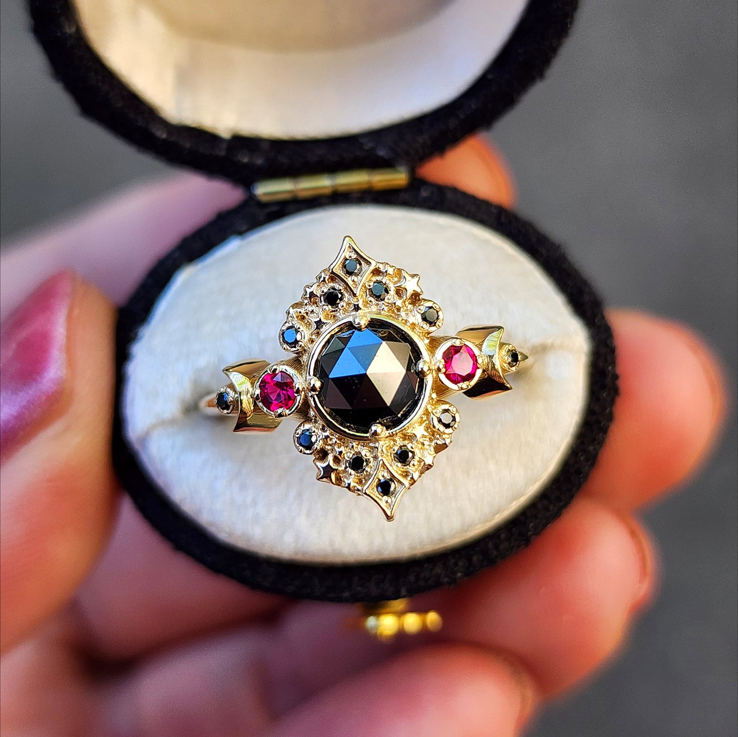 Ready to Ship Size 6-8 Rose Cut Black Diamond Galaxie Lunar Engagement Ring with Chatham Rubies - 14k Yellow Gold