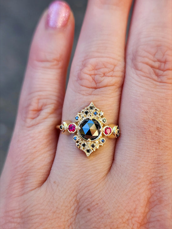 Ready to Ship Size 6-8 Rose Cut Black Diamond Galaxie Lunar Engagement Ring with Chatham Rubies - 14k Yellow Gold