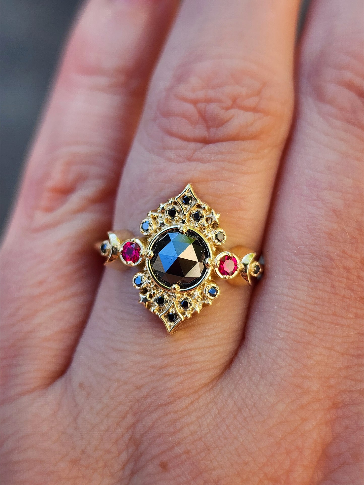 Ready to Ship Size 6-8 Rose Cut Black Diamond Galaxie Lunar Engagement Ring with Chatham Rubies - 14k Yellow Gold